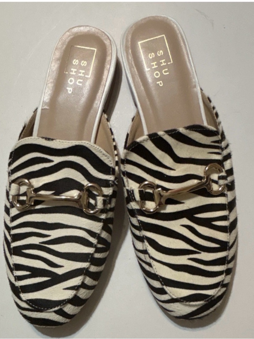 ShuShop Zebra Print Slip-On Mules with Gold Bit - Black & White - Picture 1 of 6